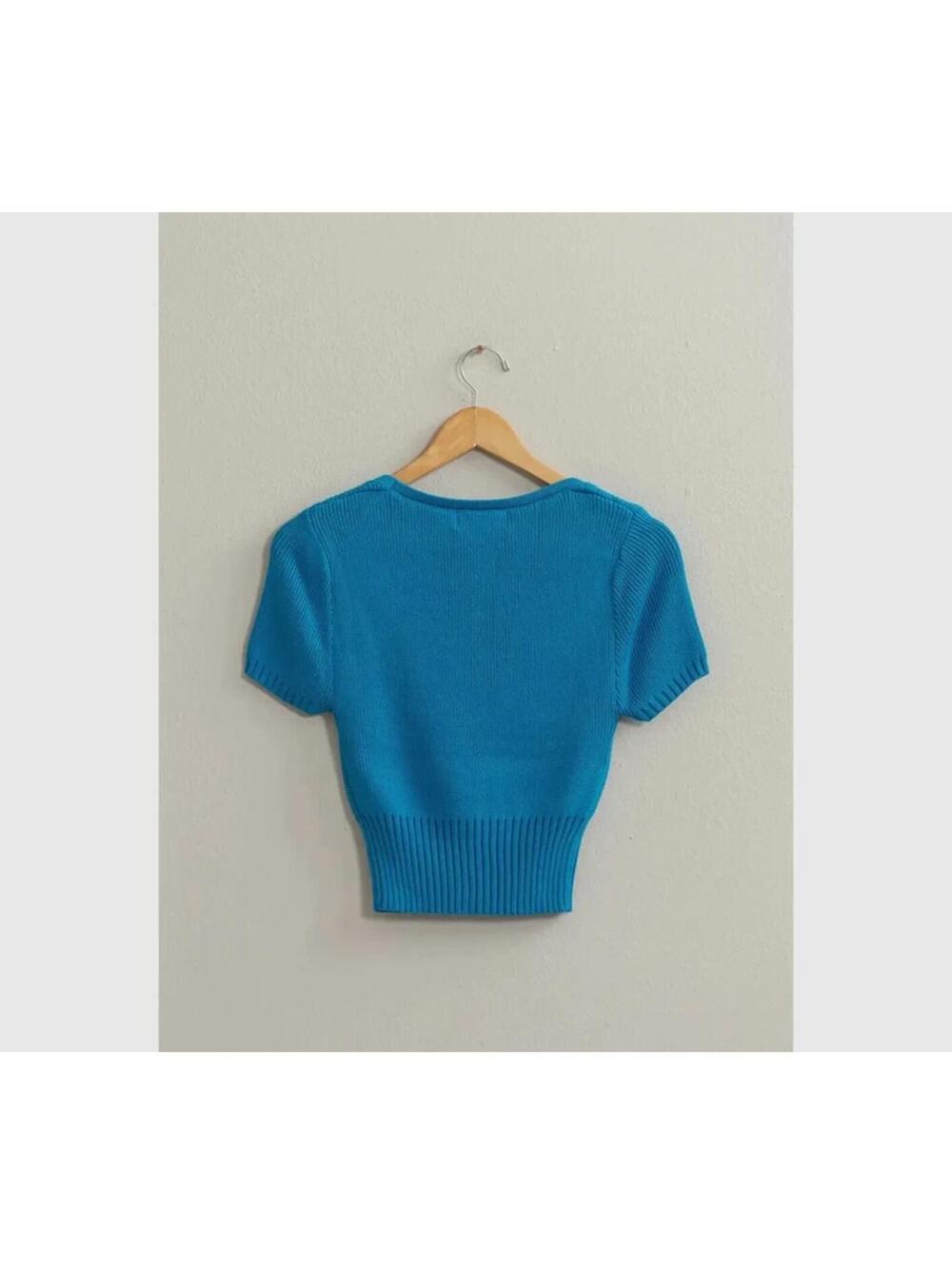 New 100% Cotton Turquoise Blue Scoop Neck Sweater Top - Picture 3 of 3